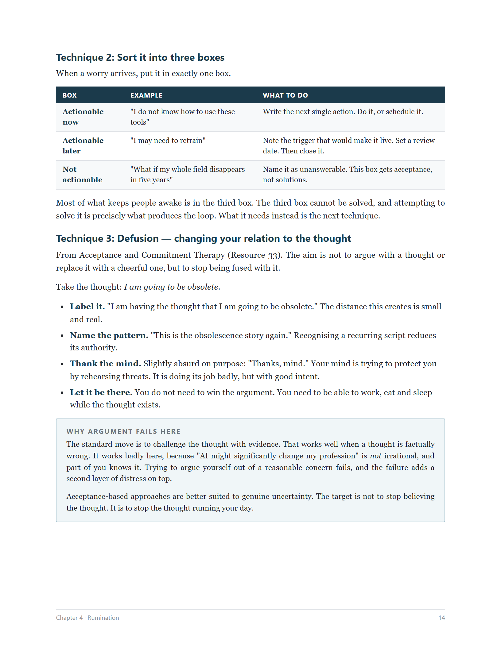 Chapter 4 — sort it into three boxes, and defusion