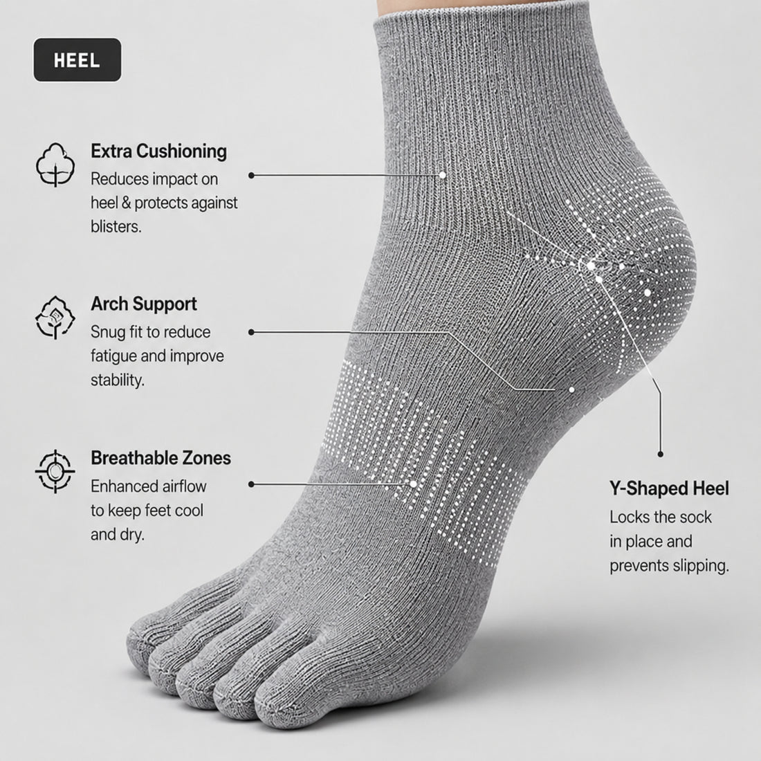 Heel cushioning detail with arch support callout diagram